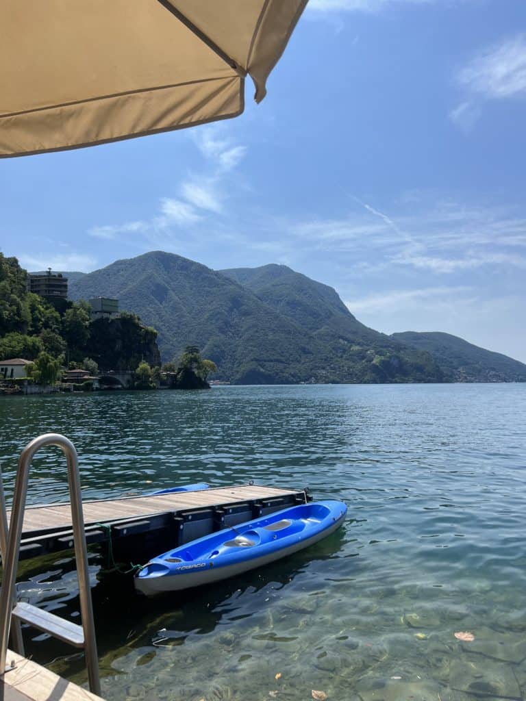 The private swimming lido and boat dock for guests at Grand Hotel Villa Castagnola on Lake Lugano.
