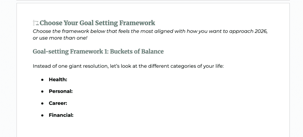 lexible goal setting frameworks for 2026 including monthly challenges and balance buckets