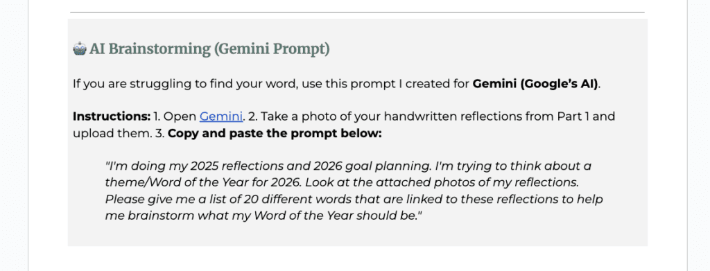 Instructions for using Gemini AI to find your 2026 Word of the Year brainstorming prompts