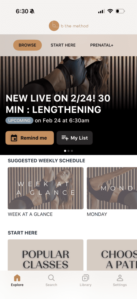 A screenshot of the B The Method app interface showing the organized library of Pilates workout categories and class lengths.