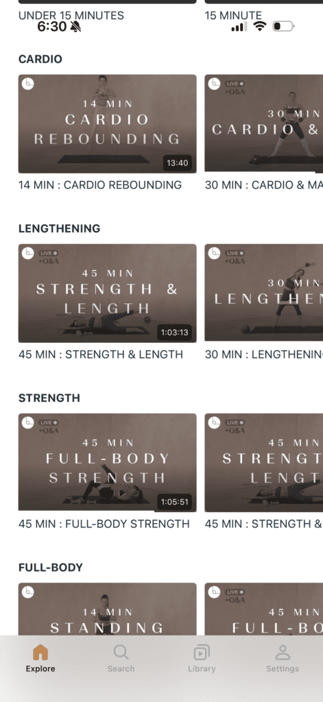 A screenshot of the B The Method app interface showing the organized library of Pilates workout categories and class lengths.