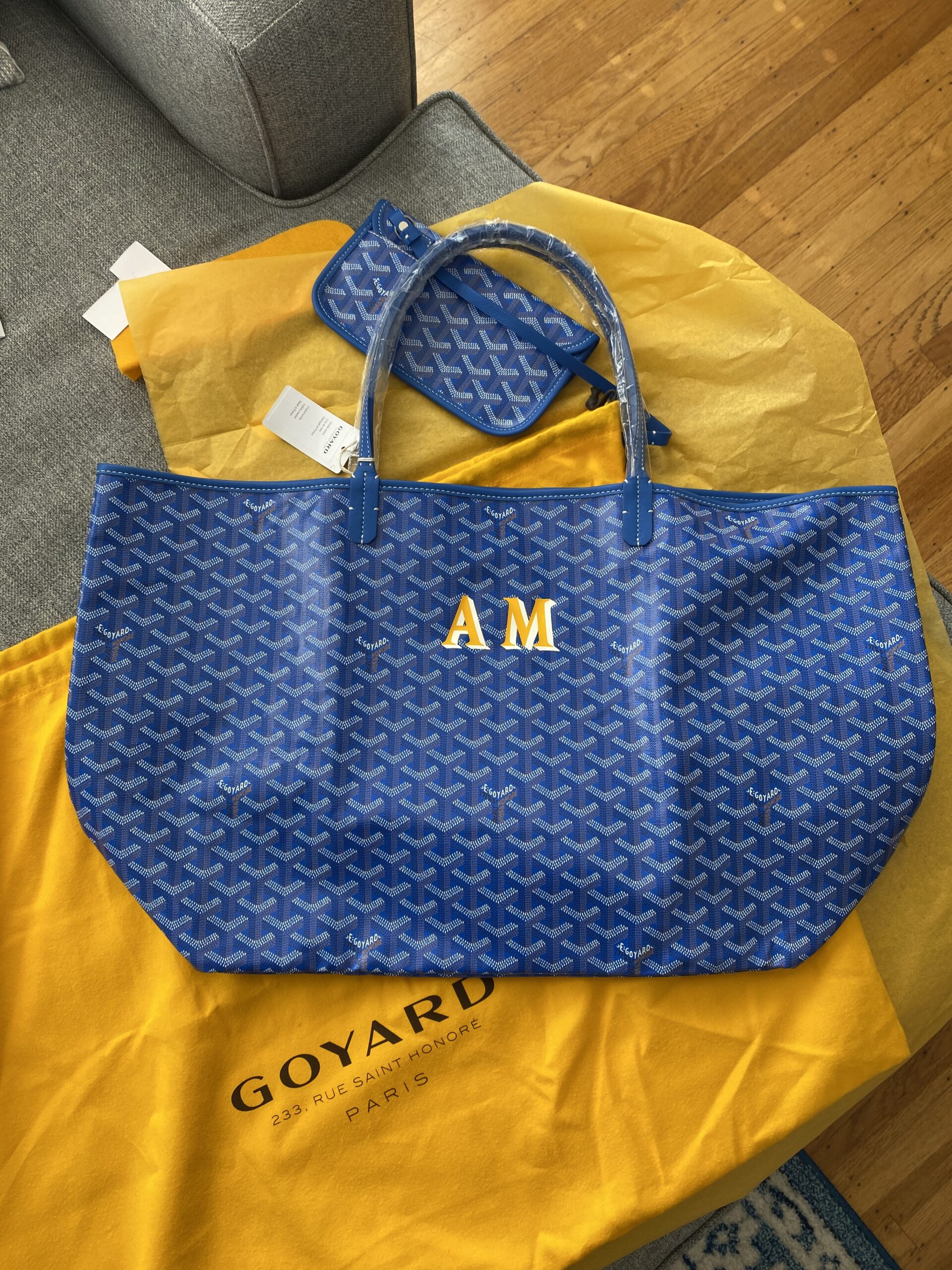 A classic blue Goyard St. Louis GM tote bag—the largest canvas size.