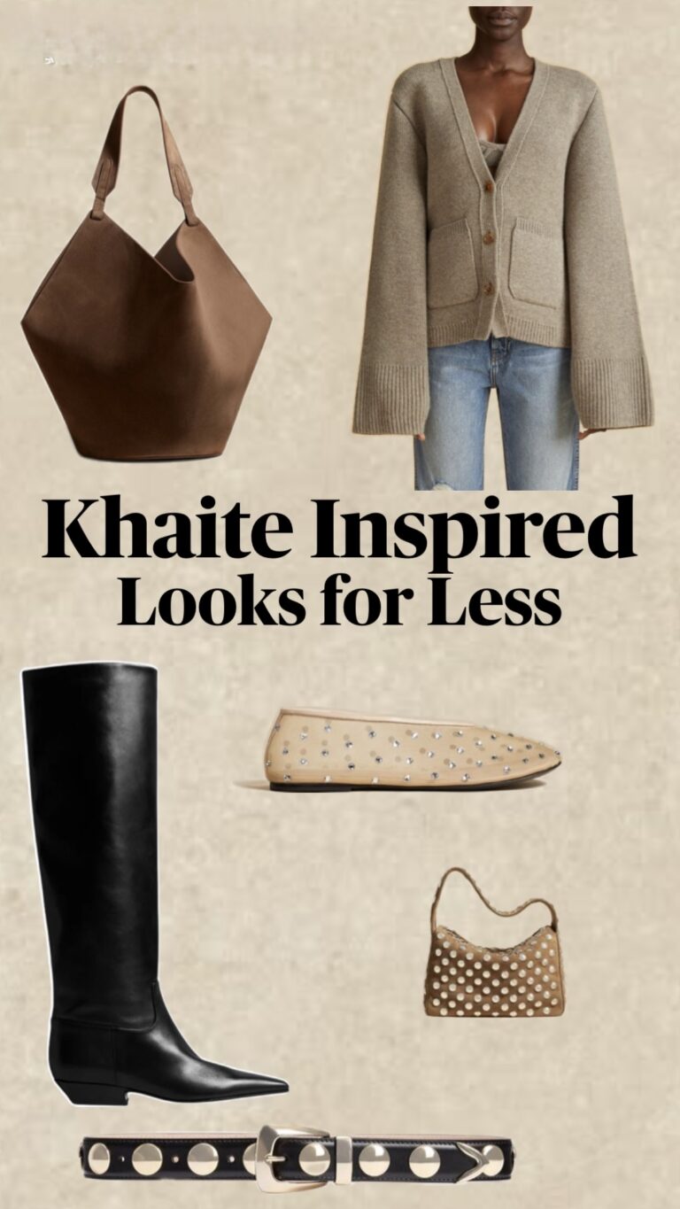 A curated collage of Khaite-inspired fashion including a black studded belt, a heavy-knit cream cardigan, and minimalist leather boots.
