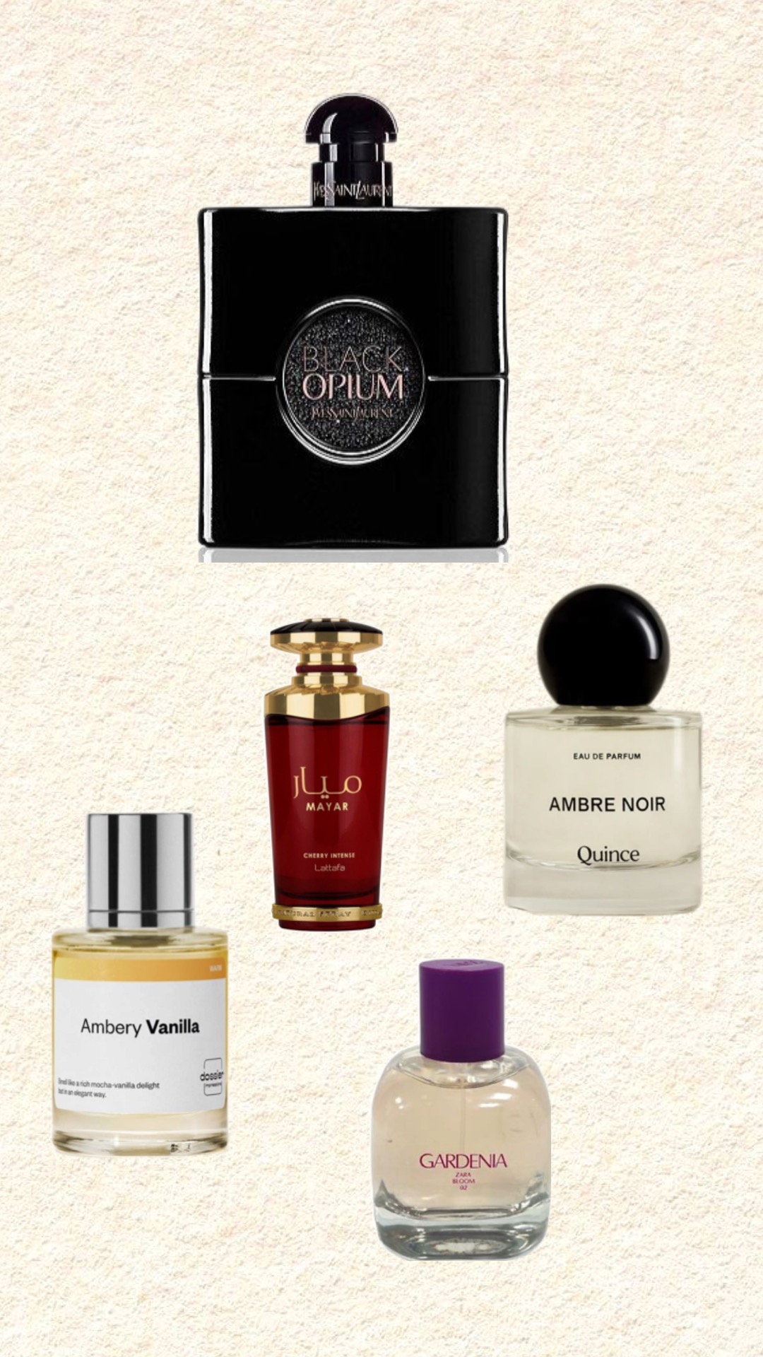 Comparison of YSL Black Opium Eau de Parfum and its top affordable alternatives, including Dossier Ambery Vanilla and Quince Ambre Noir.