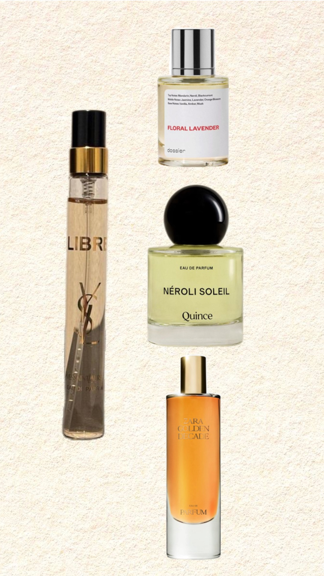 A visual guide to the best YSL Libre perfume dupes, featuring Quince Neroli Soleil and Dossier Floral Lavender side-by-side with the original bottle.