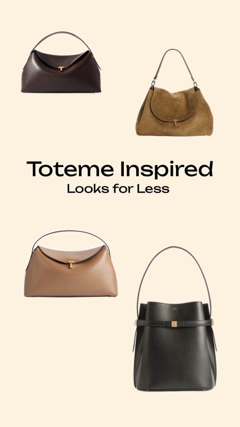 A collection of affordable Toteme bag dupes including the T-Lock satchel and bucket bag in leather and suede.