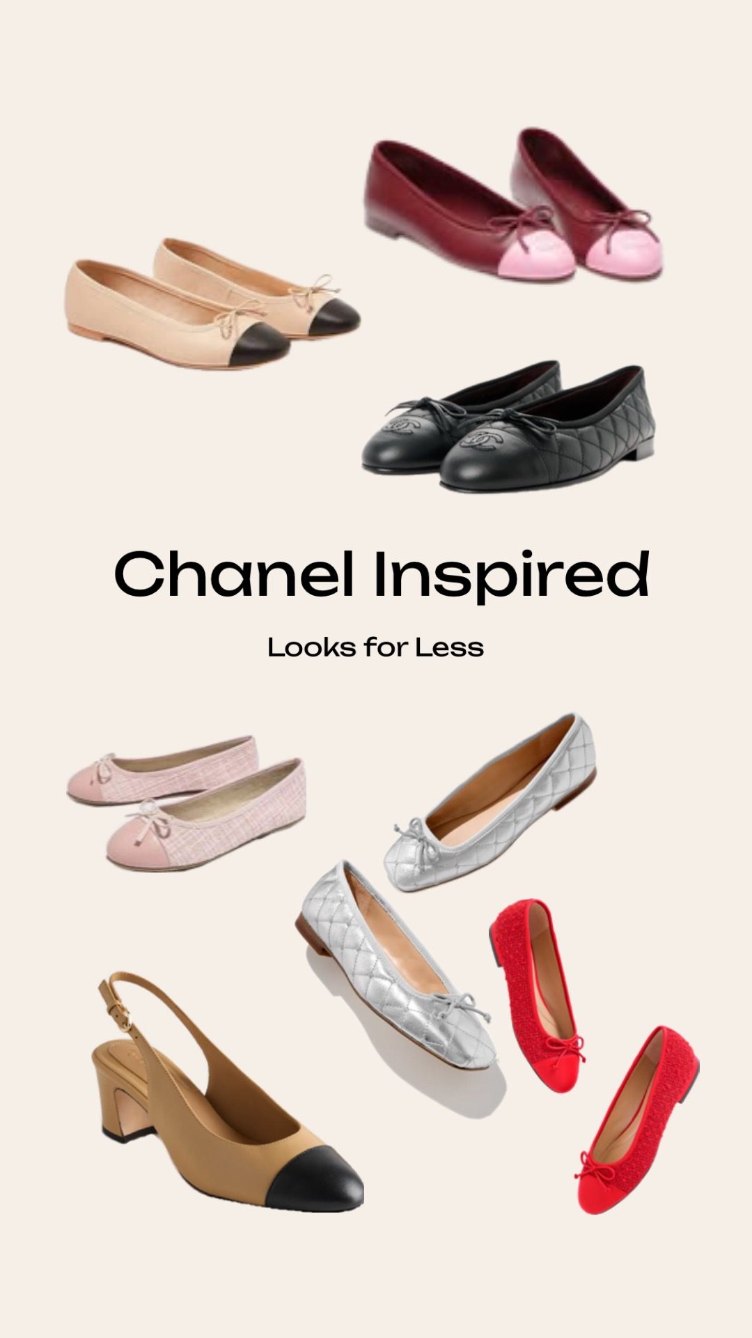A collage graphic featuring the text "Chanel inspired looks for less" and various affordable alternatives to Chanel shoes, such as two-tone beige and black ballet flats and slingbacks.