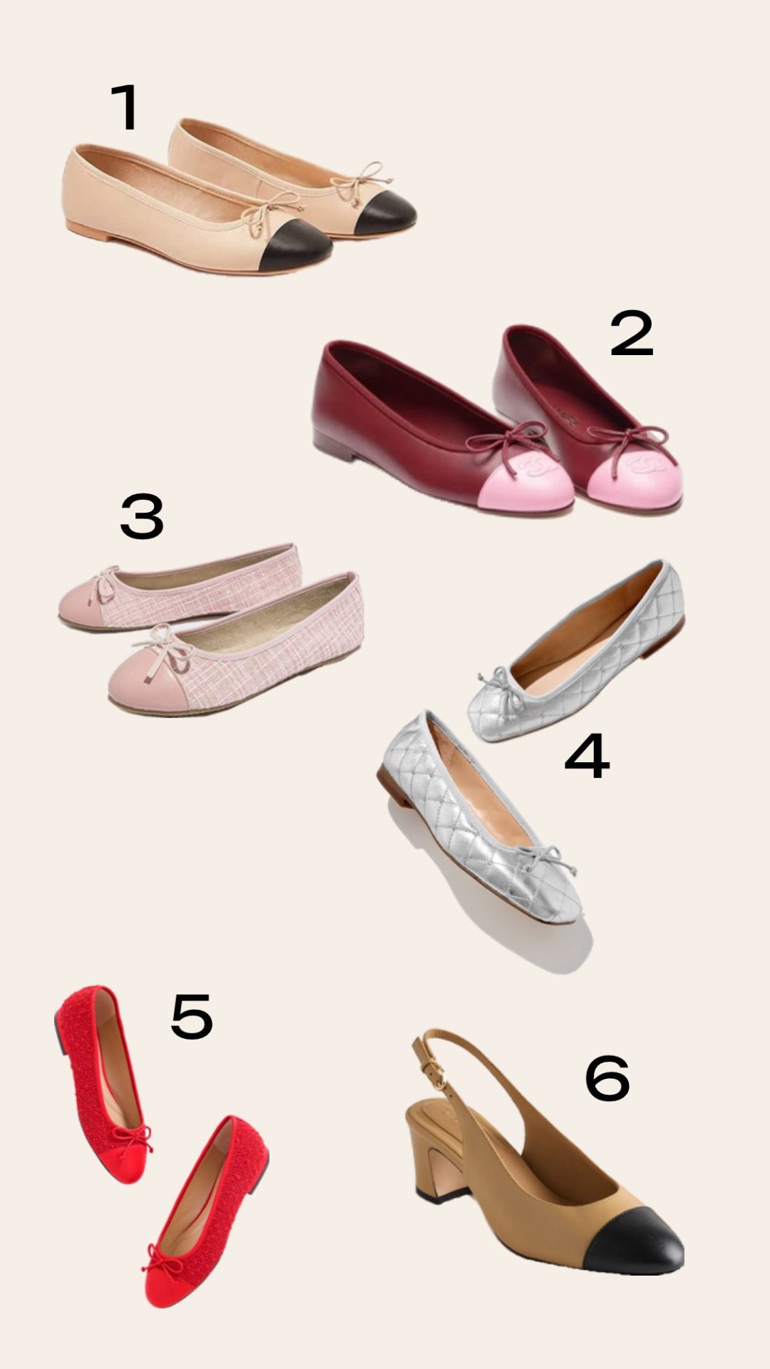 A numbered shopping guide collage showcasing six affordable Chanel ballet flat dupes and two-tone slingback shoes, corresponding to the retail checkout links below.