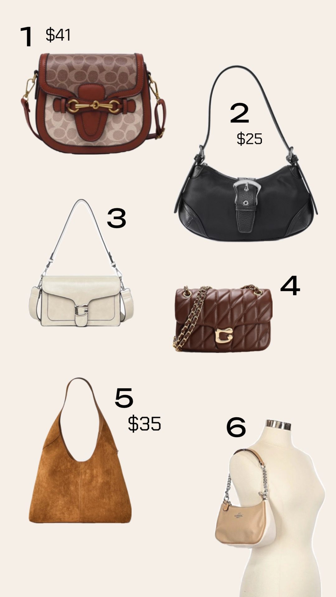 A numbered shopping guide collage showcasing affordable Coach bag dupe alternatives from Target, Amazon, and LaRosa Style with individual item prices.