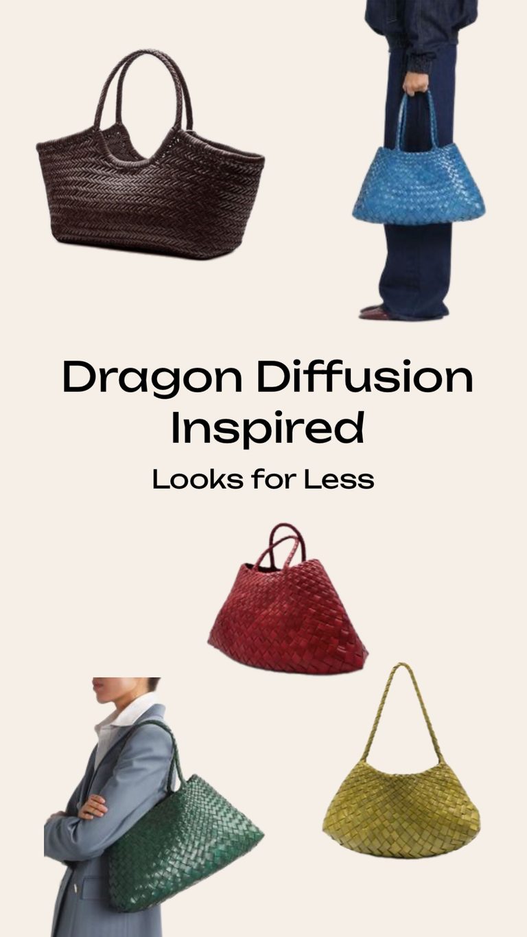 a selection of popular Dragon Diffusion dupes, all showing the diagonal chevron weave. The text overlay reads: "Dragon Diffusion Inspired, Looks for Less."