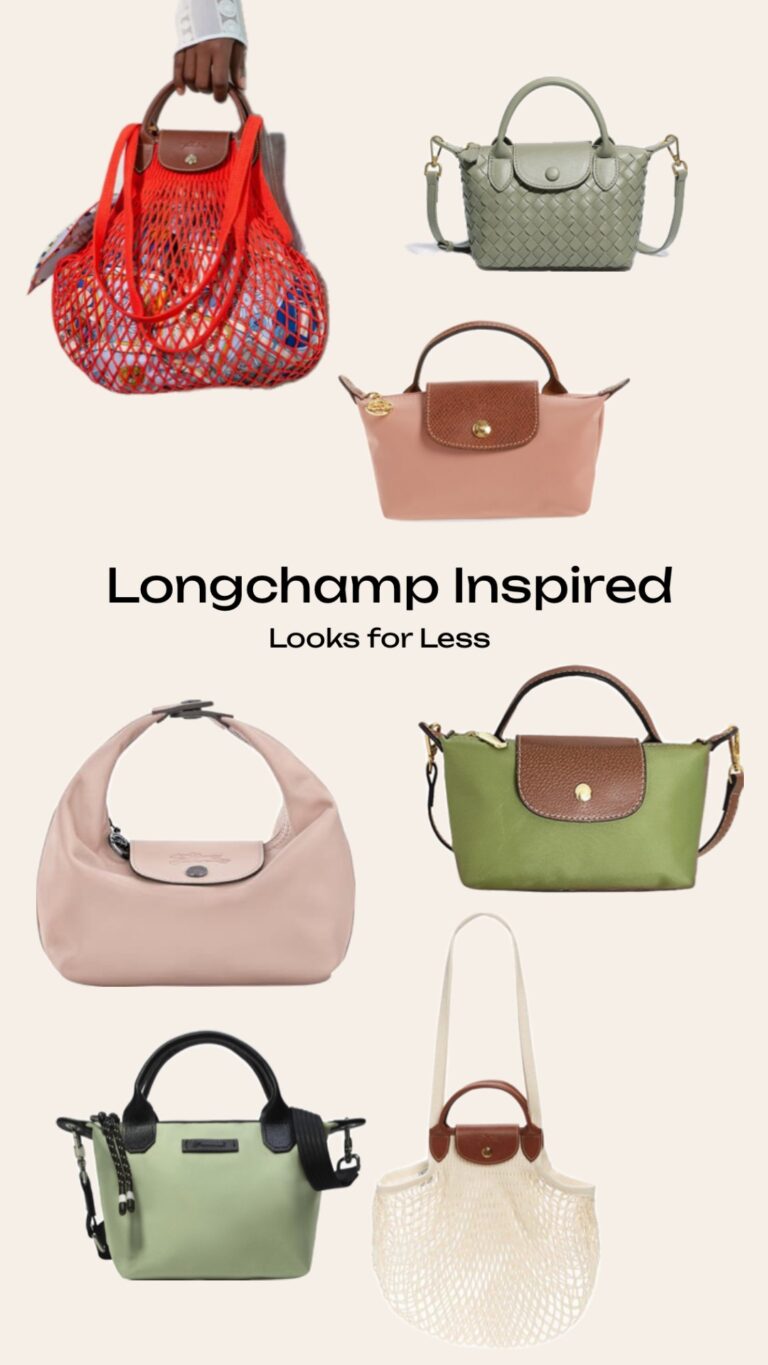 Curated Longchamp dupe bags and style accessories on a neutral background with inspired looks for less text.