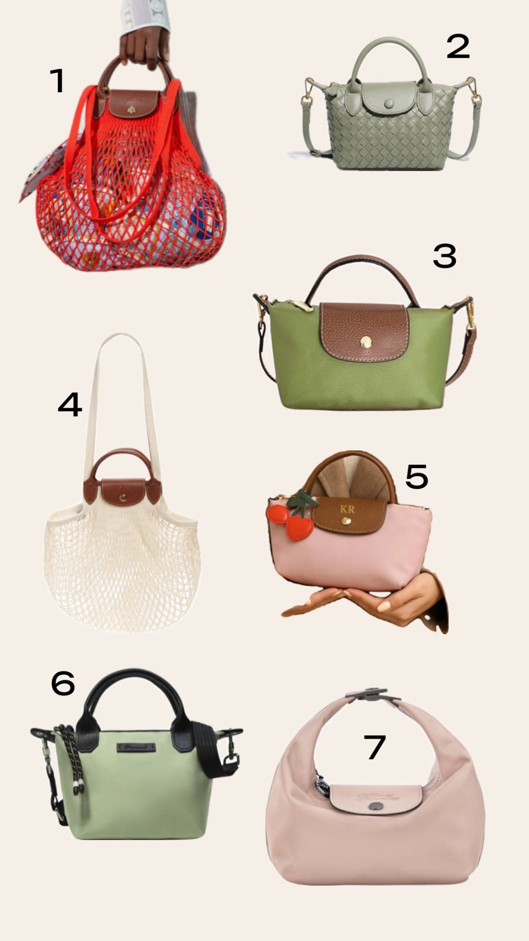 Numbered shopping guide featuring six affordable Longchamp bag alternatives including mini pouch and backpack styles.
