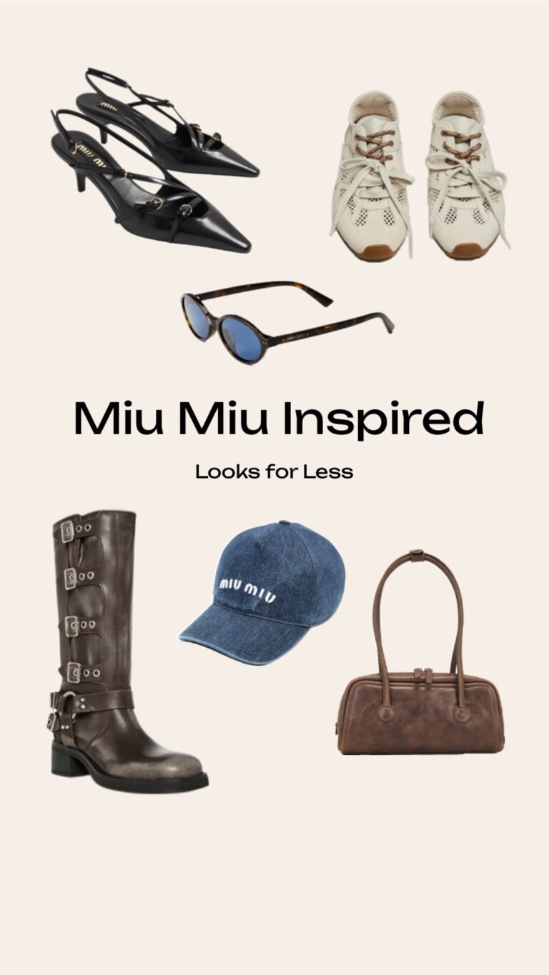 A curated flat lay of Miu Miu inspired looks for less, showcasing affordable designer dupe shoes, boots, and accessories.