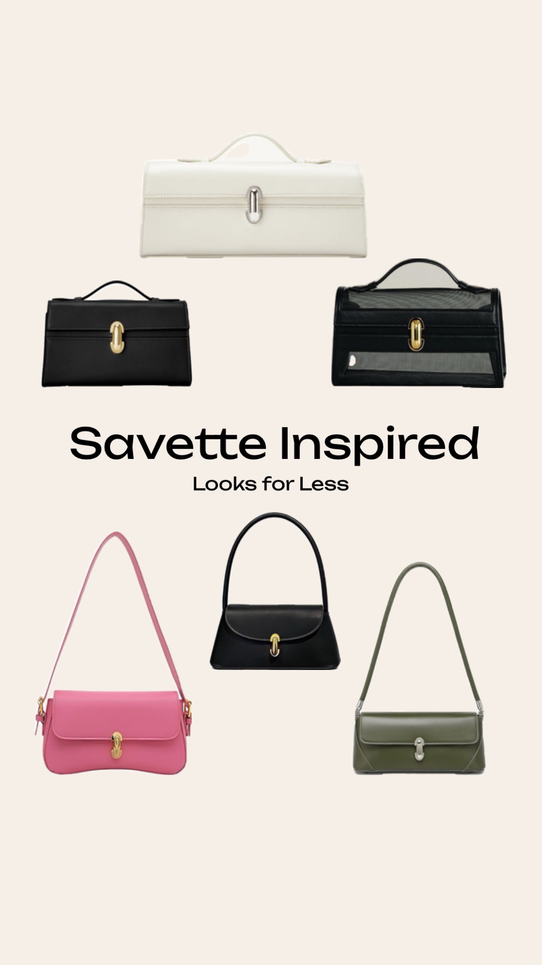 Graphic titled 'Inspired Looks for Less' featuring a styled curation of affordable Savette bag dupes, including structured shoulder bags and hobo styles.