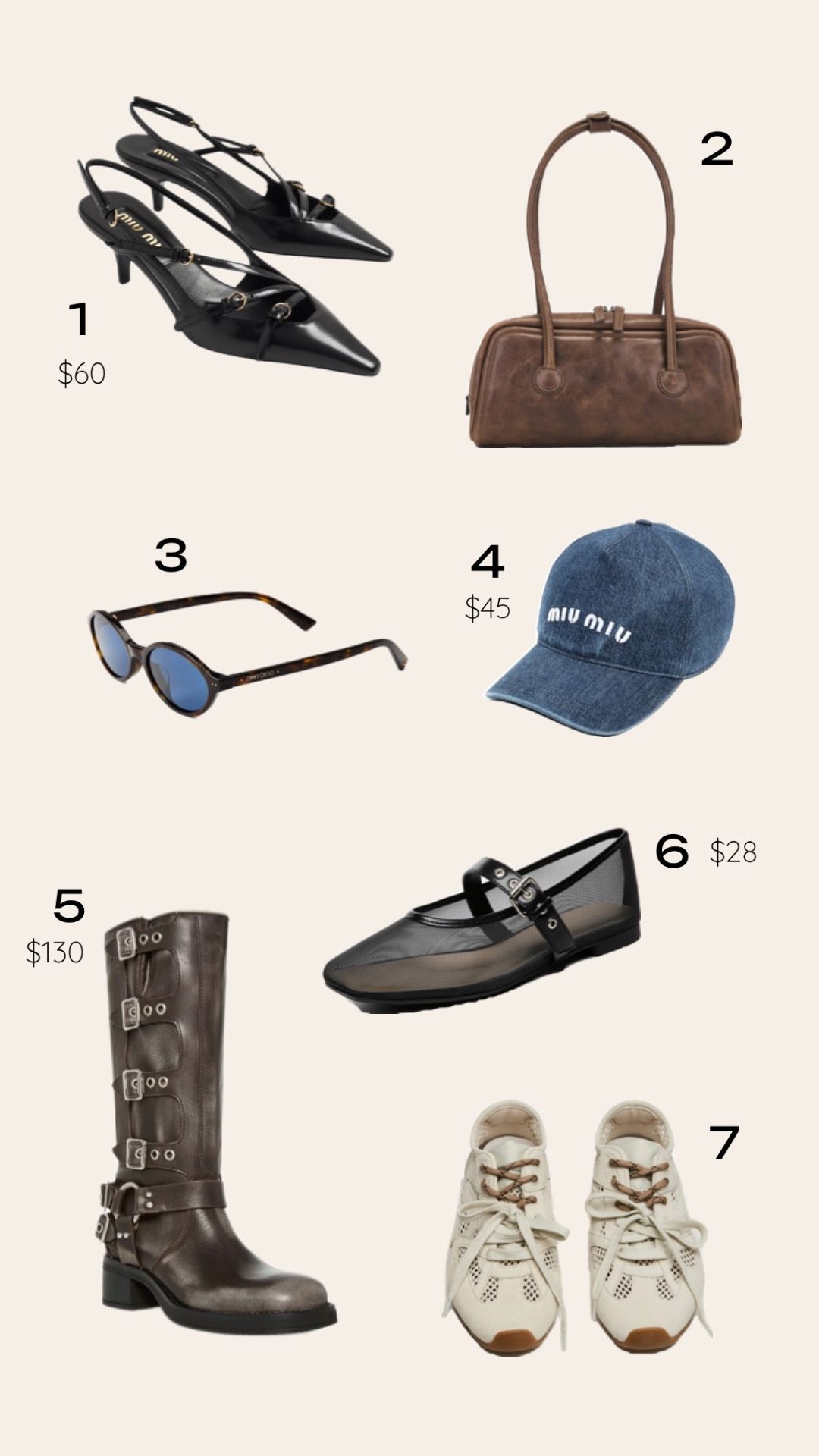 Numbered shopping collage of top Miu Miu dupes, featuring trending satin ballet flats, buckle biker boots, and bowler bags.