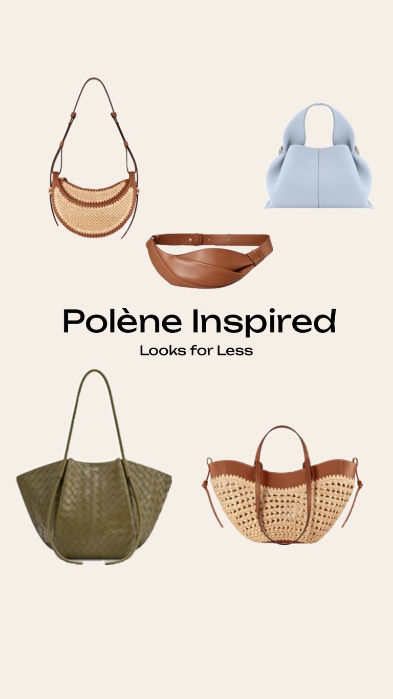 A collage of five minimalist, architectural-style purses resembling Polène handbag designs, with the overlay text 'Polène Inspired Looks for Less' on a clean, neutral background