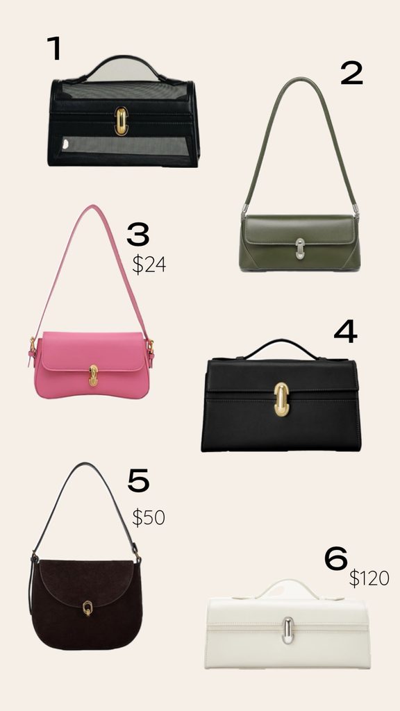 Shopping guide grid displaying six Savette-inspired dupe bags, including the black Symmetry shoulder bag, pink structured pouch, mesh top-handle, and brown suede Tondo hobo.