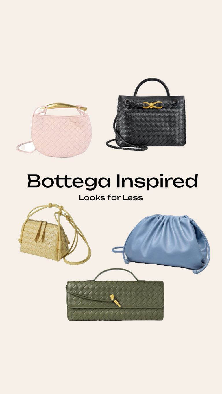 Bottega Veneta bag dupes banner featuring a curated collection of handwoven leather hobo bags and clutches, with overlay text reading 'Boutique Inspired' and 'Looks for Less.