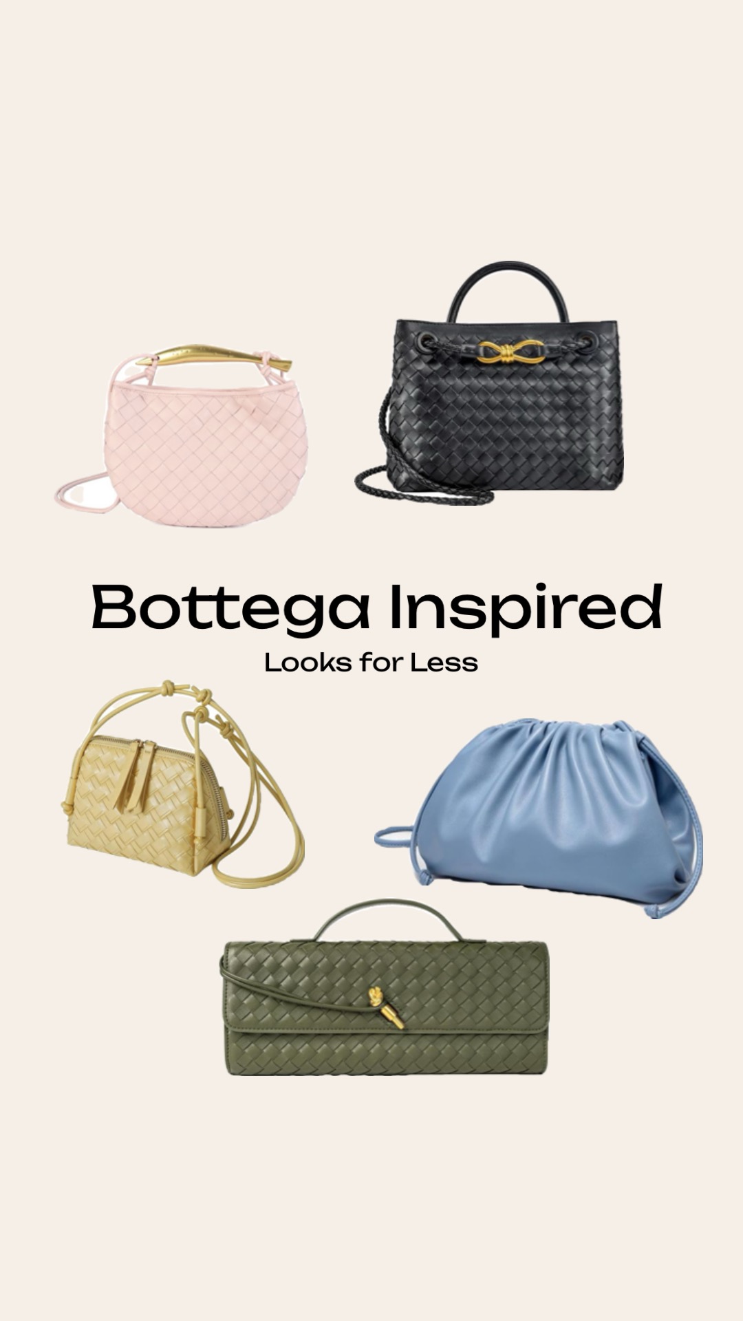 Bottega Veneta bag dupes banner featuring a curated collection of handwoven leather hobo bags and clutches, with overlay text reading 'Boutique Inspired' and 'Looks for Less.