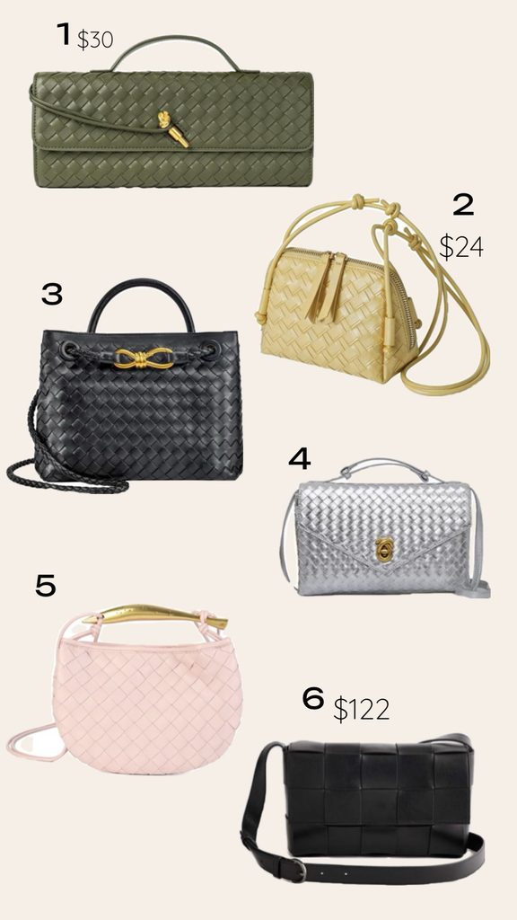 Numbered shopping guide directory of affordable Bottega Veneta inspired bags, showcasing a grid of handwoven leather shoulder hobo bags, crossbody pouches, and totes."