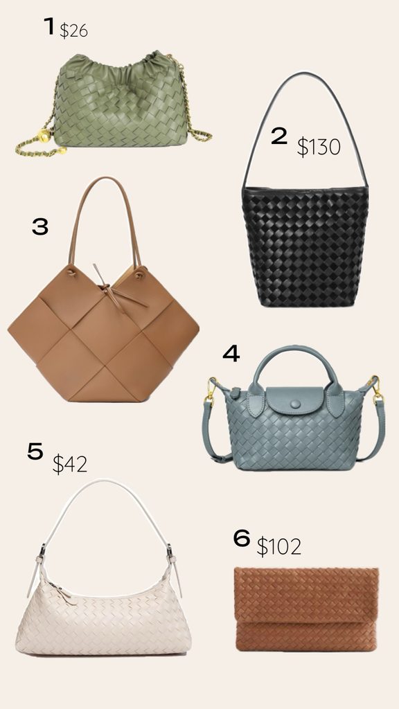 Second numbered shopping checklist of Bottega dupes, featuring a grid of handwoven leather camera bags, satchels, and structured top-handle totes.