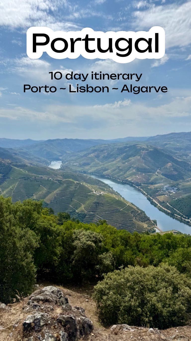 Scenic landscape of the Douro Valley River and terraced vineyards in Pinhão, Portugal, with text overlay: 10-day itinerary: Porto, Lisbon, Algarve.