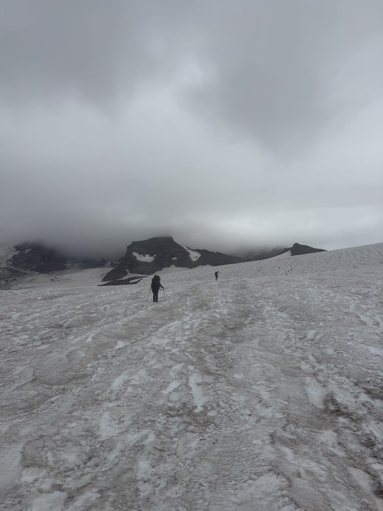 Hikers climbing up the snowfield towards Camp Muir on Mount Rainier.