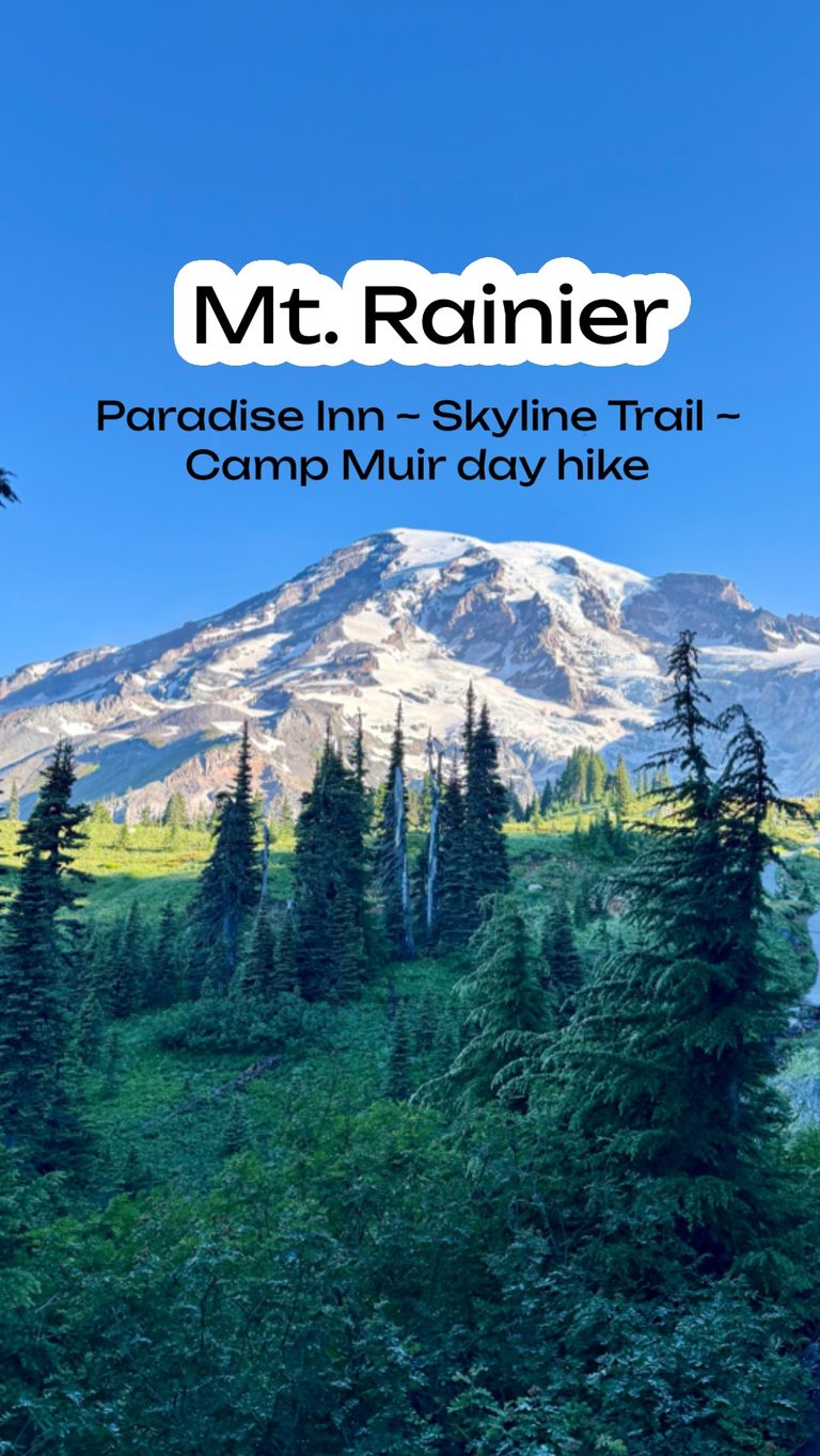 Featured blog graphic for Mount Rainier 4-day itinerary with text overlays for Paradise Inn, Skyline Trail, and Camp Muir Day Hike.