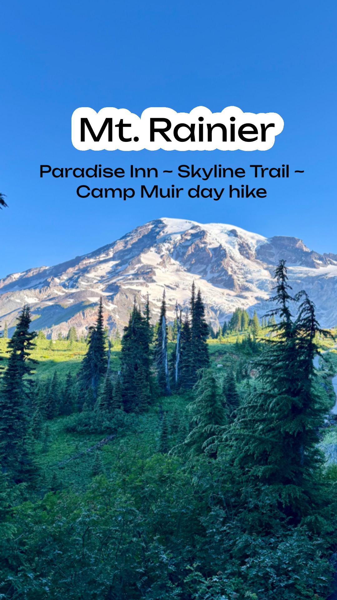 Featured blog graphic for Mount Rainier 4-day itinerary with text overlays for Paradise Inn, Skyline Trail, and Camp Muir Day Hike.
