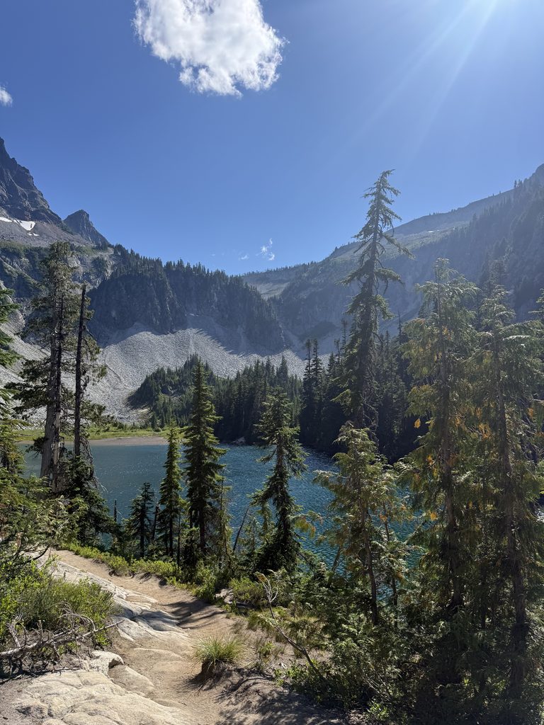 Clear blue alpine waters at Snow Lake near Paradise in Mount Rainier National Park.