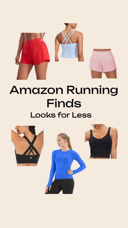 Flat lay of affordable women's running gear on Amazon featuring running shorts, sports bras, running shoes, and workout accessories