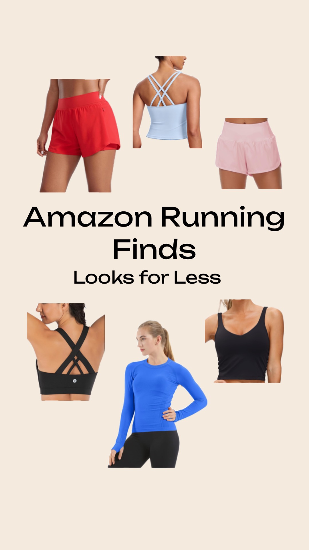 Flat lay of affordable women's running gear on Amazon featuring running shorts, sports bras, running shoes, and workout accessories