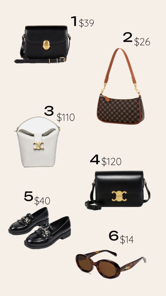 Numbered visual shopping guide featuring affordable Celine bag dupes, belts, sunglasses, and loafers with prices.