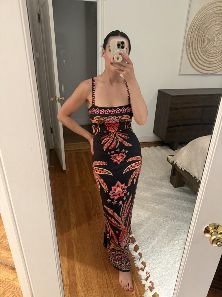 Try-on review of a long Amazon maxi dress like Farm Rio with a colorful tropical print