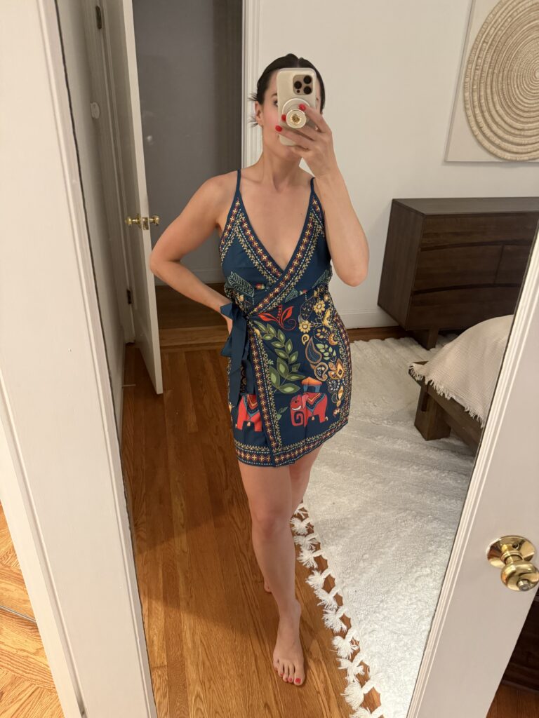 Try-on review of a short Amazon dress like Farm Rio with a colorful tropical print